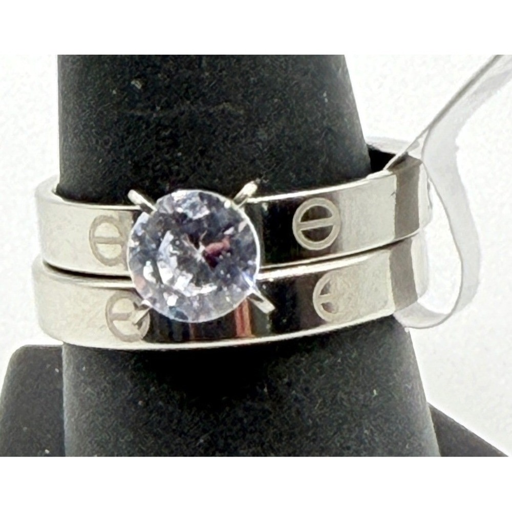 Silver Tone Stainless Steel Wedding Ring Set Size 10 CZ Solitaire‎